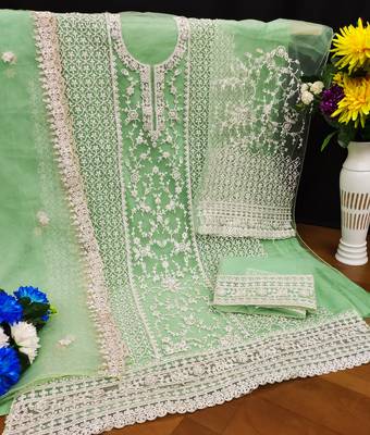 GREEN NET CODDING EMBROIDERED STRAIGHT DIAMOND WORK DRESS MATERIAL 4
