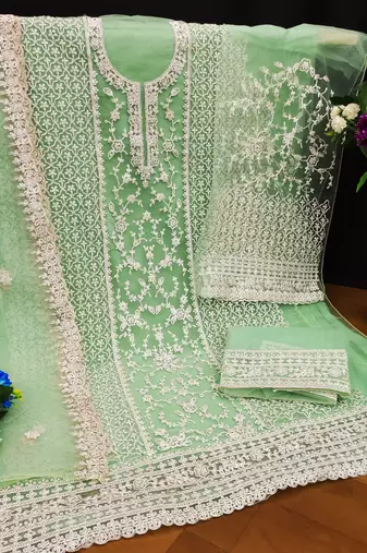 GREEN NET CODDING EMBROIDERED STRAIGHT DIAMOND WORK DRESS MATERIAL