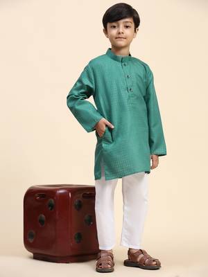 Green plain cotton kurta pajama set for boys ethnic wear 1