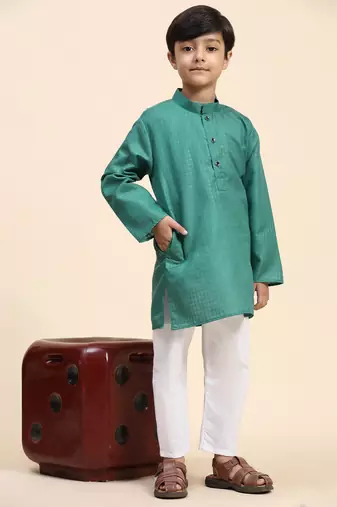 Green plain cotton kurta pajama set for boys ethnic wear