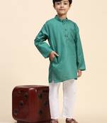 Green plain cotton kurta pajama set for boys ethnic wear