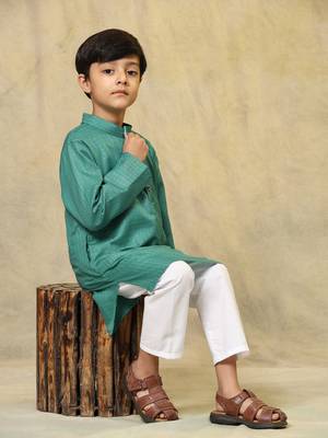 Green plain cotton kurta pajama set for boys ethnic wear 2