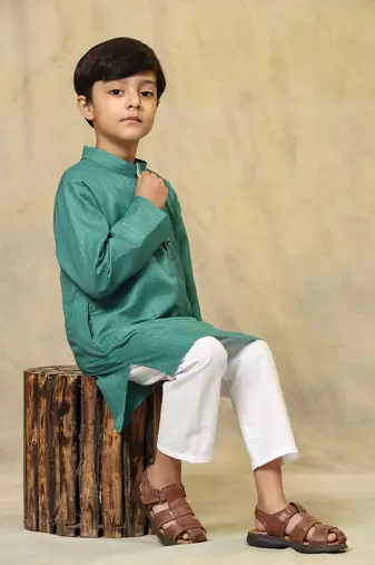 Green plain cotton kurta pajama set for boys ethnic wear