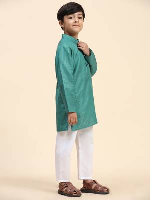 Green plain cotton kurta pajama set for boys ethnic wear 3