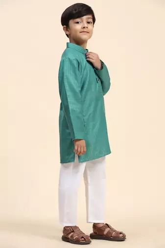 Green plain cotton kurta pajama set for boys ethnic wear