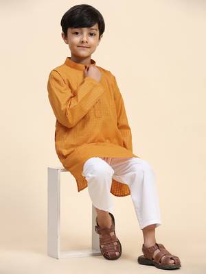 Orange plain cotton kurta pajama set for boys ethnic wear 1