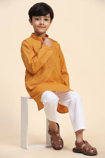 Orange plain cotton kurta pajama set for boys ethnic wear