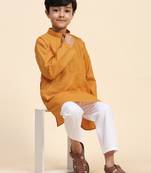 Orange plain cotton kurta pajama set for boys ethnic wear