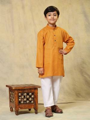 Orange plain cotton kurta pajama set for boys ethnic wear 2