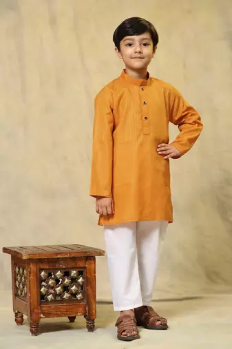 Orange plain cotton kurta pajama set for boys ethnic wear