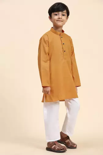 Orange plain cotton kurta pajama set for boys ethnic wear