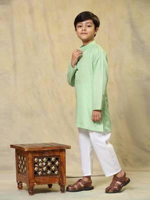Light green plain cotton kurta pajama set for boys ethnic wear 1