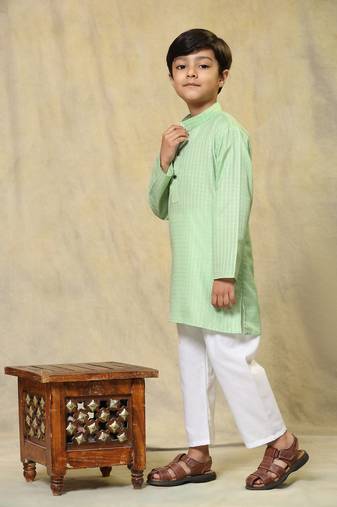 Light green plain cotton kurta pajama set for boys ethnic wear
