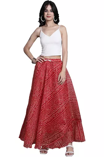 Red printed flared cotton kota doriya lehenga skirt