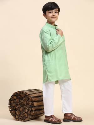 Light green plain cotton kurta pajama set for boys ethnic wear 2