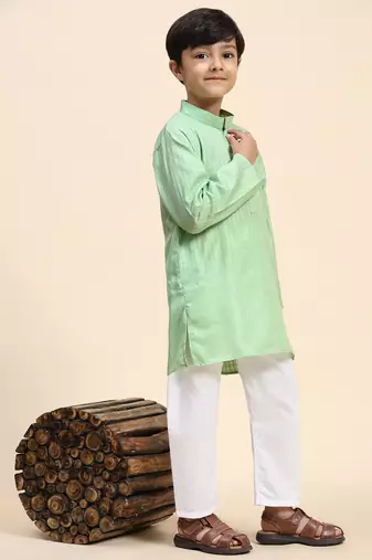 Light green plain cotton kurta pajama set for boys ethnic wear