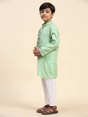 Light green plain cotton kurta pajama set for boys ethnic wear 3