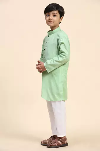 Light green plain cotton kurta pajama set for boys ethnic wear