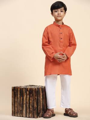 Dark orange plain cotton kurta pajama set for boys ethnic wear 1