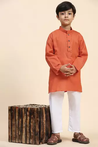 Dark orange plain cotton kurta pajama set for boys ethnic wear