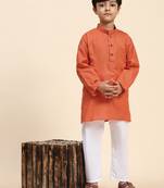 Dark orange plain cotton kurta pajama set for boys ethnic wear