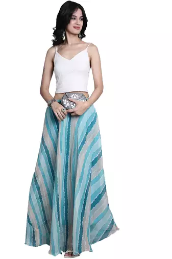 Sea green printed flared cotton kota doriya lehenga skirt