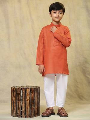 Dark orange plain cotton kurta pajama set for boys ethnic wear 2