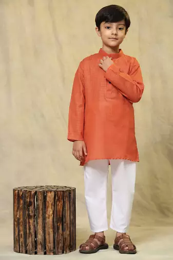 Dark orange plain cotton kurta pajama set for boys ethnic wear