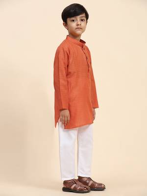 Dark orange plain cotton kurta pajama set for boys ethnic wear 3