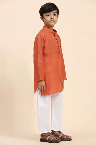 Dark orange plain cotton kurta pajama set for boys ethnic wear