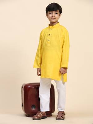 Yellow plain cotton kurta pajama set for boys ethnic wear 1