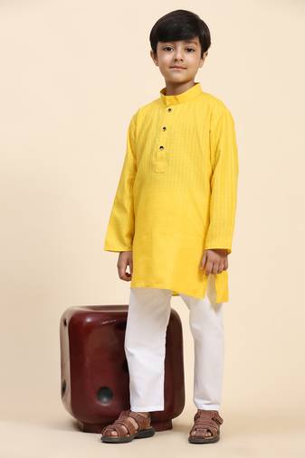 Yellow plain cotton kurta pajama set for boys ethnic wear