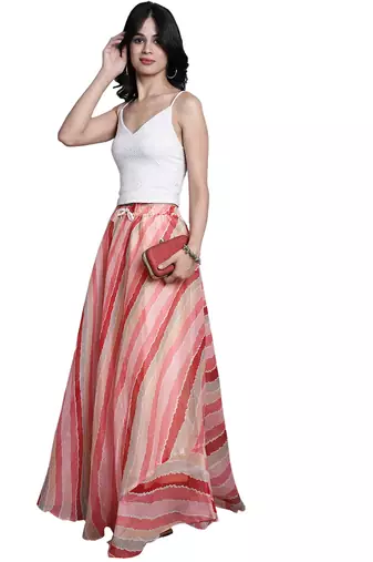 Peach printed flared cotton kota doriya lehenga skirt