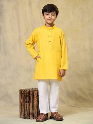 Yellow plain cotton kurta pajama set for boys ethnic wear 2
