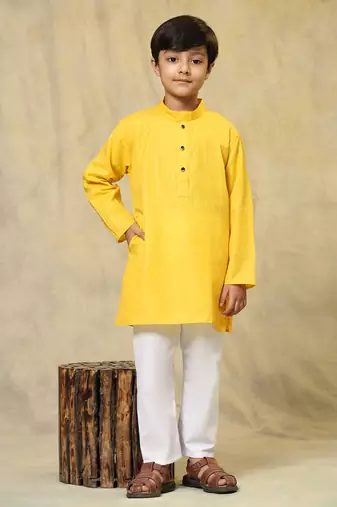 Yellow plain cotton kurta pajama set for boys ethnic wear