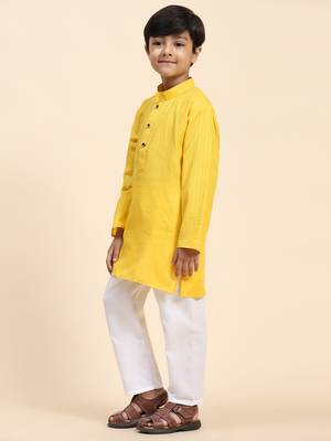Yellow plain cotton kurta pajama set for boys ethnic wear 3