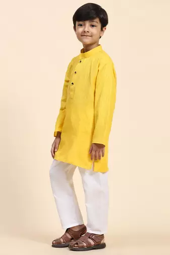Yellow plain cotton kurta pajama set for boys ethnic wear