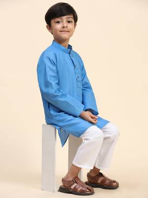 Sky blue plain cotton kurta pajama set for boys ethnic wear 1