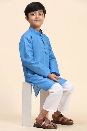 Sky blue plain cotton kurta pajama set for boys ethnic wear