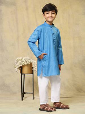 Sky blue plain cotton kurta pajama set for boys ethnic wear 2