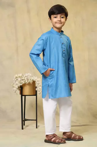 Sky blue plain cotton kurta pajama set for boys ethnic wear
