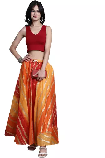 Orange printed flared cotton kota doriya lehenga skirt
