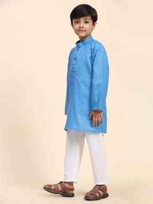 Sky blue plain cotton kurta pajama set for boys ethnic wear 3