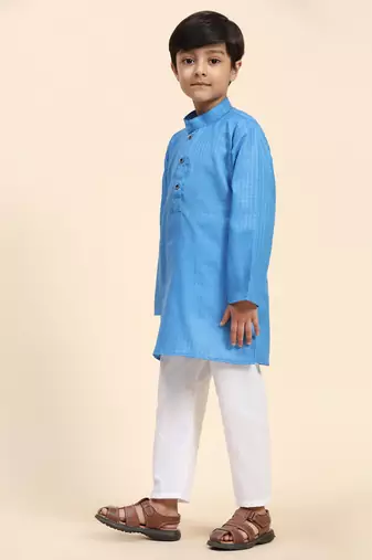Sky blue plain cotton kurta pajama set for boys ethnic wear