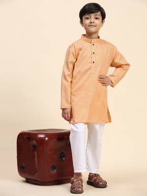 Peach plain cotton kurta pajama set for boys ethnic wear 1
