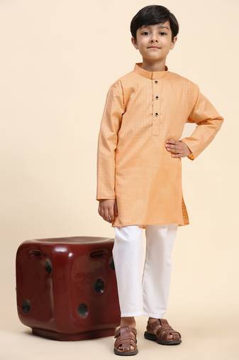 Peach plain cotton kurta pajama set for boys ethnic wear