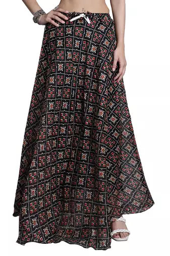 Black printed flared cotton kota doriya lehenga skirt