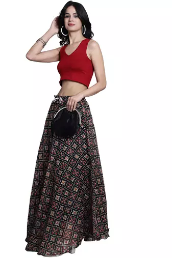 Black printed flared cotton kota doriya lehenga skirt