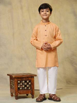 Peach plain cotton kurta pajama set for boys ethnic wear 2