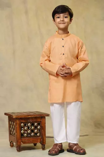 Peach plain cotton kurta pajama set for boys ethnic wear